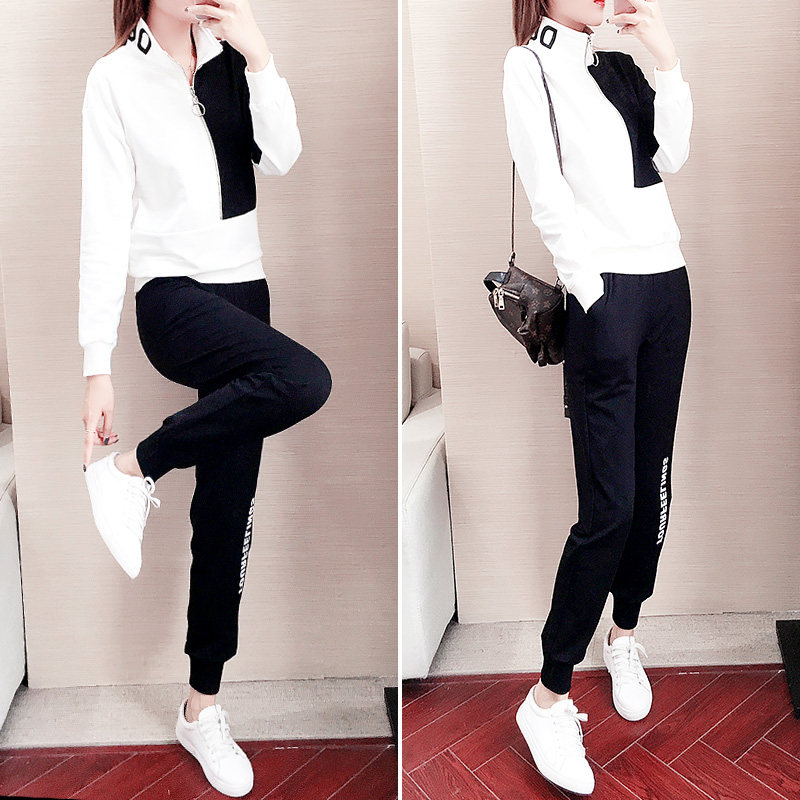 Casual sports suit women's autumn 2022 new fashion personality slim fit half zipper stand collar sweatshirt two-piece set