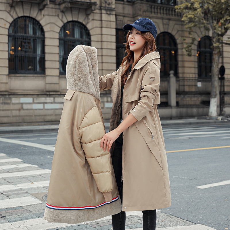 Winter Fleece-Lined Thick Parka Cotton Coat for Women, Long Over-The-Knee, Waist-Cinching, Detachable Liner, Two-Way Wear Trench Coat