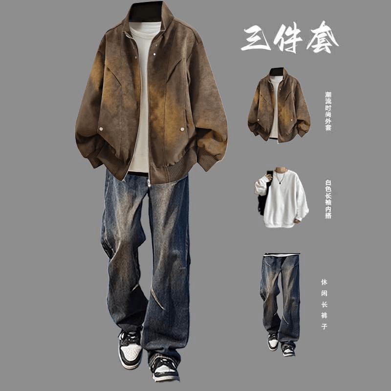 Maillard Leather Jacket, Jeans, Casual Sports Suit for Men, New Autumn and Winter Style, Cool and Trendy Three-Piece Set
