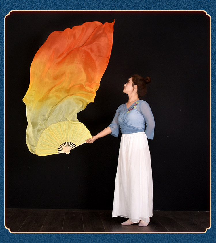 Танцевальный инвентарь 真丝舞蹈扇子古典舞中国风黄橙渐变双面加长演出道具跳舞长绸扇子