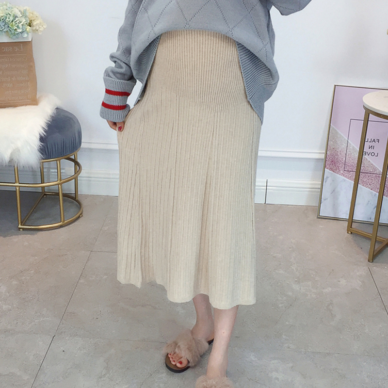 Pregnant women skirt autumn and winter fashion maternity wear belly knitted sweater skirt mid-length version of pregnant women a-line skirt tide mother