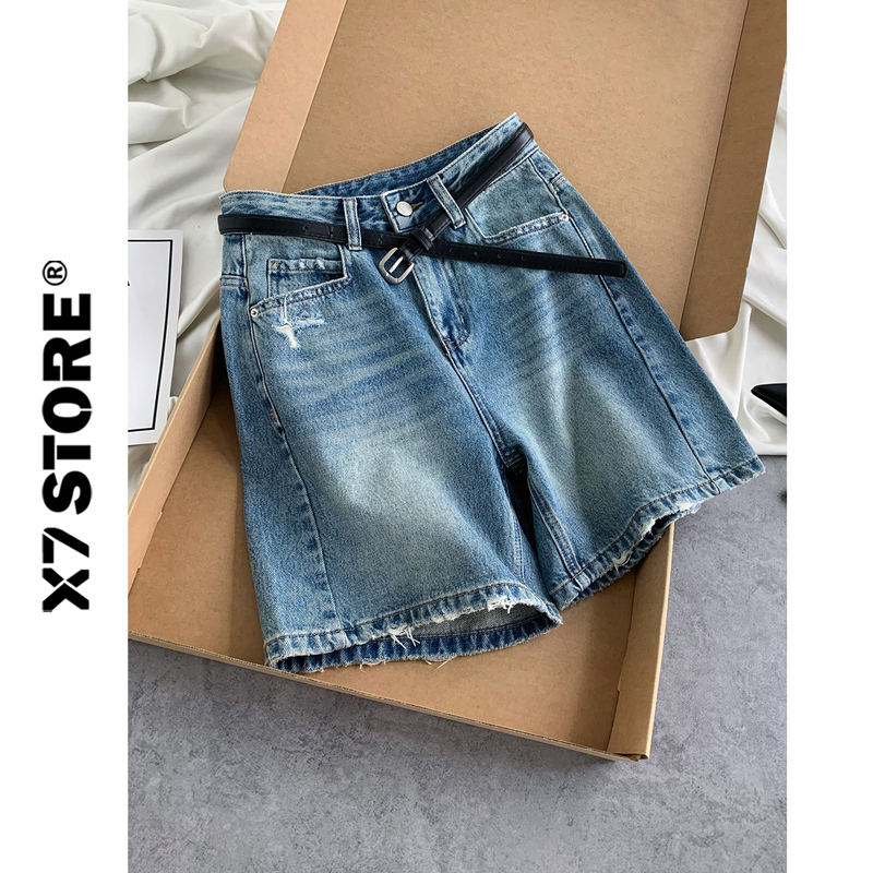 Vintage High-Waisted Summer 2026 New Fashion Loose Distressed Ripped Denim Shorts High-Waisted Women's Quarter Pants