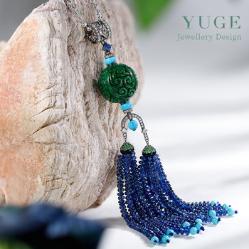 Take a good trip | 15mm spicy green jadeite carved fulu bead pendant, sapphire tassel, 18k black diamond dragon pattern