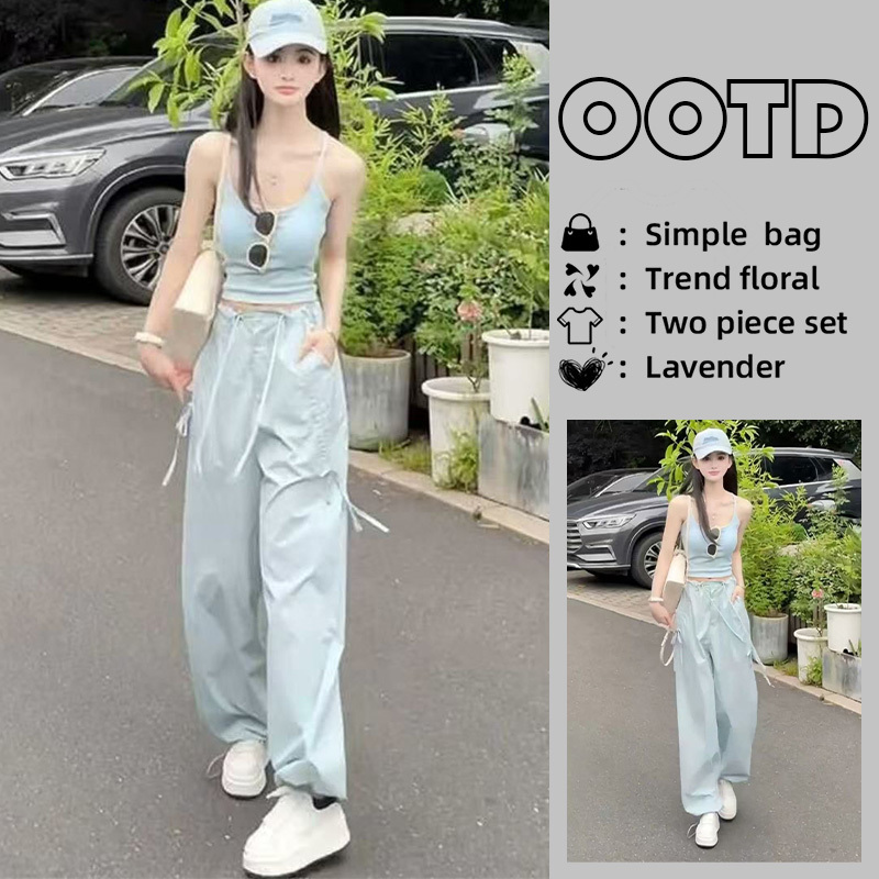 Summer New Fashion Casual Sports Suit for Women, High-End Hot Girl Camisole, Straight Wide-Leg Pants Two-Piece Set