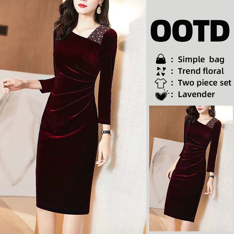 2026 Early Spring New Year Burgundy Velvet Dress for Women, High-End, Elegant, Stylish, Mid-Length Bodycon Dress