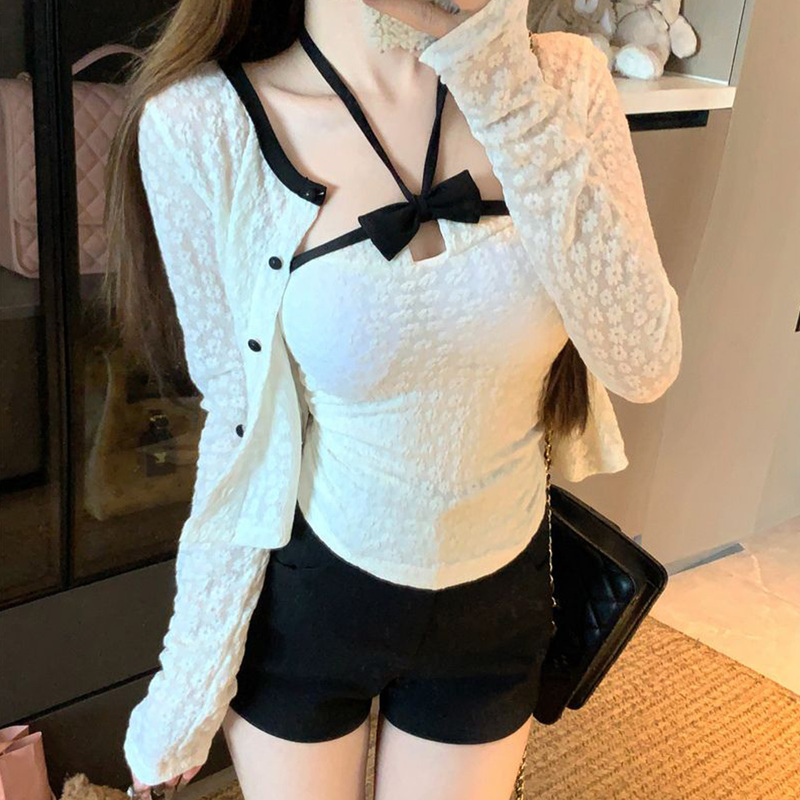 Pure Desire Bow Halter Neck Vest Long Sleeve Cardigan T-Shirt Two-Piece Set Women's Autumn New Lace Jacquard Top