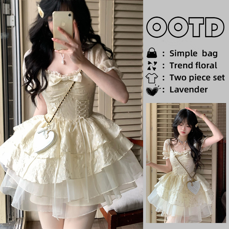 French Puff-Sleeve Elegant Bow Dress for Women, Summer Runaway Princess Style, Waist-Cinching, Slimming, Tiered Puffy Skirt