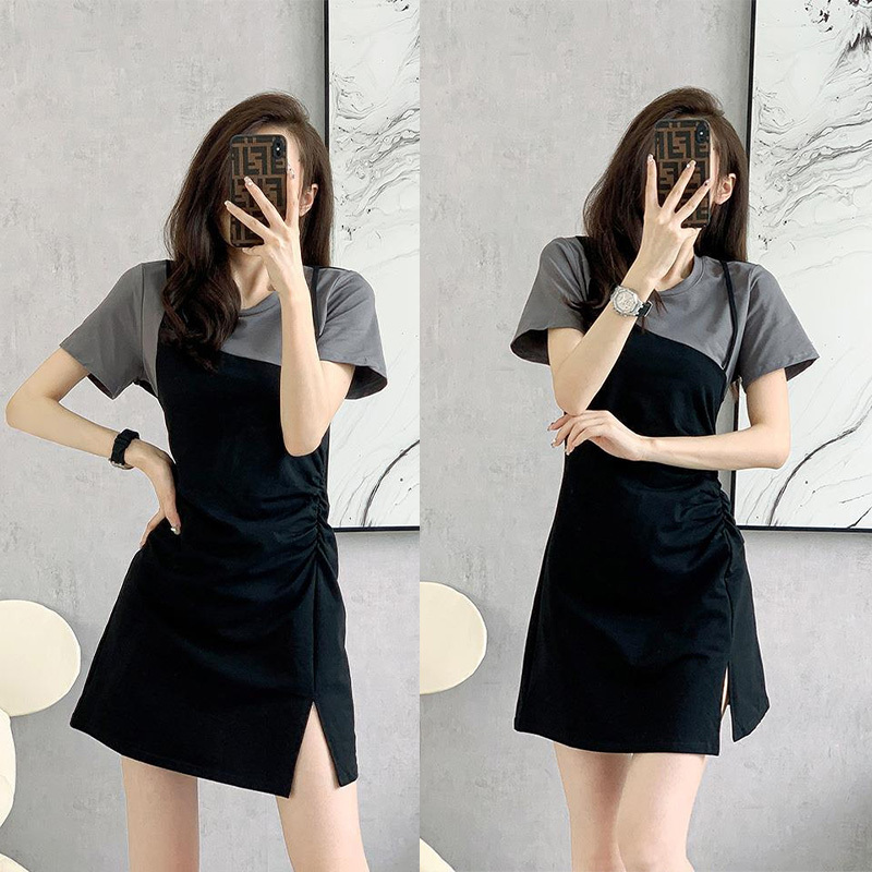 French-Style Patchwork Faux Two-Piece Black Dress for Women, Summer Design, Niche, Waist-Cinching, Slimming A-Line Short Skirt
