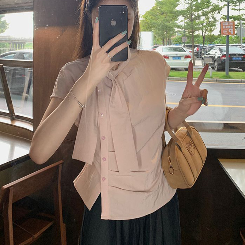 Retro Asymmetrical Stripesd Short-Sleeved Shirt for Women, New Summer Design, Lace-Up Pleated Waist, Slimming Look Top, Trendy
