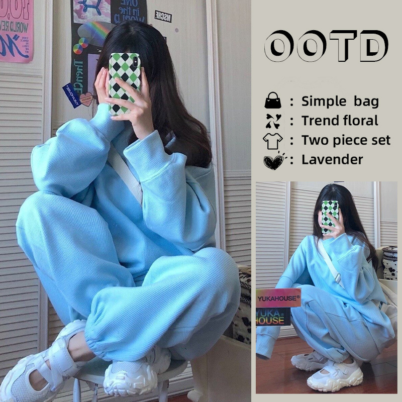 Lazy Style Blue Fashionable Casual Sports Suit for Women Autum Thin Loose Student Sweatshirt and Leggings Two-Piece Set