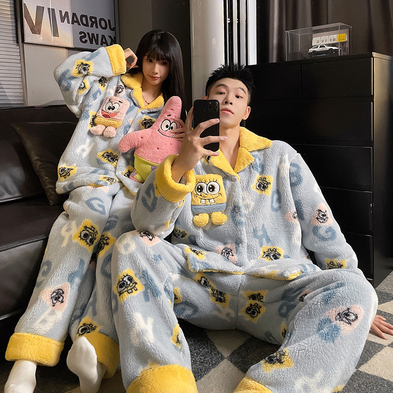 Winter Couple Pajamas for Women, Cute Coral Velvet Thickened and Fleece-Lined, Autumn and Winter Style, Men's Winter Cartoon Home Wear Set