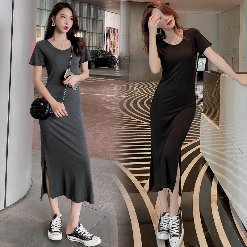 Modal Round Neck Dress with Slits on Both Sides for Women, Black Outerwear, Large Size Over-The-Knee Long Skirt, Casual Style, Simple Long Skirt