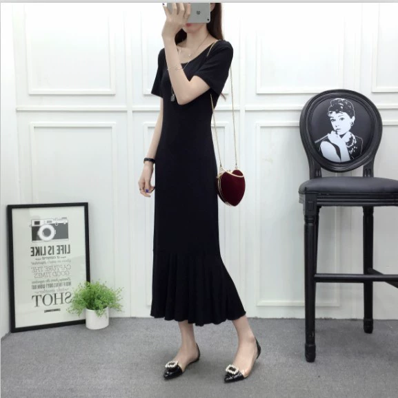 Váy cổ tròn tay ngắn mùa hè mới của phụ nữ dài váy đuôi cá thon dài váy mỏng là váy xù cỡ lớn - Váy dài