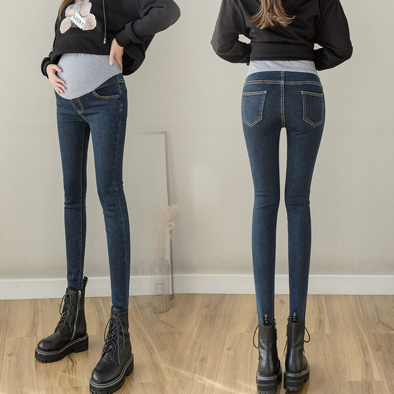 Net Red Pregnant Woman Jeans Spring Autumn section Long pants small feet Belly Pencils Pencil elastic large size for autumn and winter plus velvety thicken