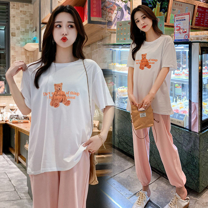 Small maternity suit summer net infrared wear sports casual short-sleeved T-shirt fashion belly pants two-piece set