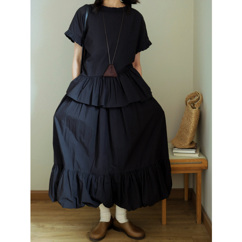 Green with Branches, High-End Short Sleeves with Small Flutter Sleeves + Cdg Style Floral Skirt, Imported from the Usa, 80-Count Pima Cotton