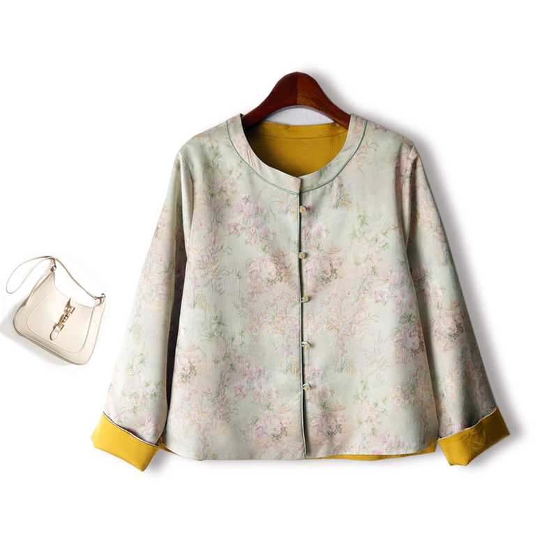 2026 Spring New Style Green Floral + Yellow Reversible Short Jacket New Chinese Style Long-Sleeved Cardigan Women's Top