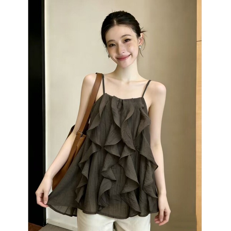 Coffee-Colored Chiffon Camisole for Women, Outerwear, 2026 New Summer Style, Plus Size, Sleeveless, Ruffled Babydoll Top