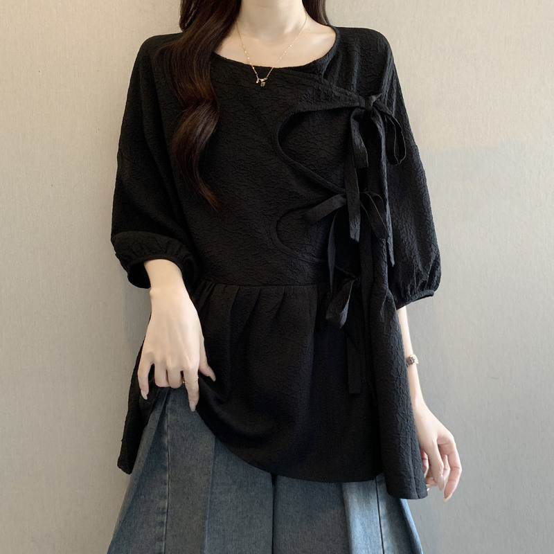 Black Bow Short-Sleeve Shirt for Women, 2026 New Summer Style, Plus-Size, Flattering Fit, Super Stylish Babydoll Top