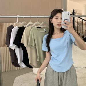 Blue Square-Neck Short-Sleeve T-Shirt for Women, Summer Plus Size, Tummy-Covering, Trendy Fishbone Top