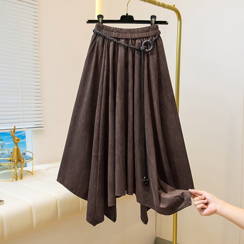 Melard Coffee-Colored Irregular Skirt for Women 2026 New Spring Plus Size Slimming A-Line Mid-Length Skirt