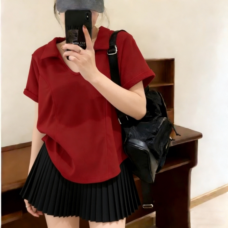 Red Polo Collar Short-Sleeve T-Shirt for Women 2026 New Summer Plus Size Slimming Belly-Covering Fishbone Top