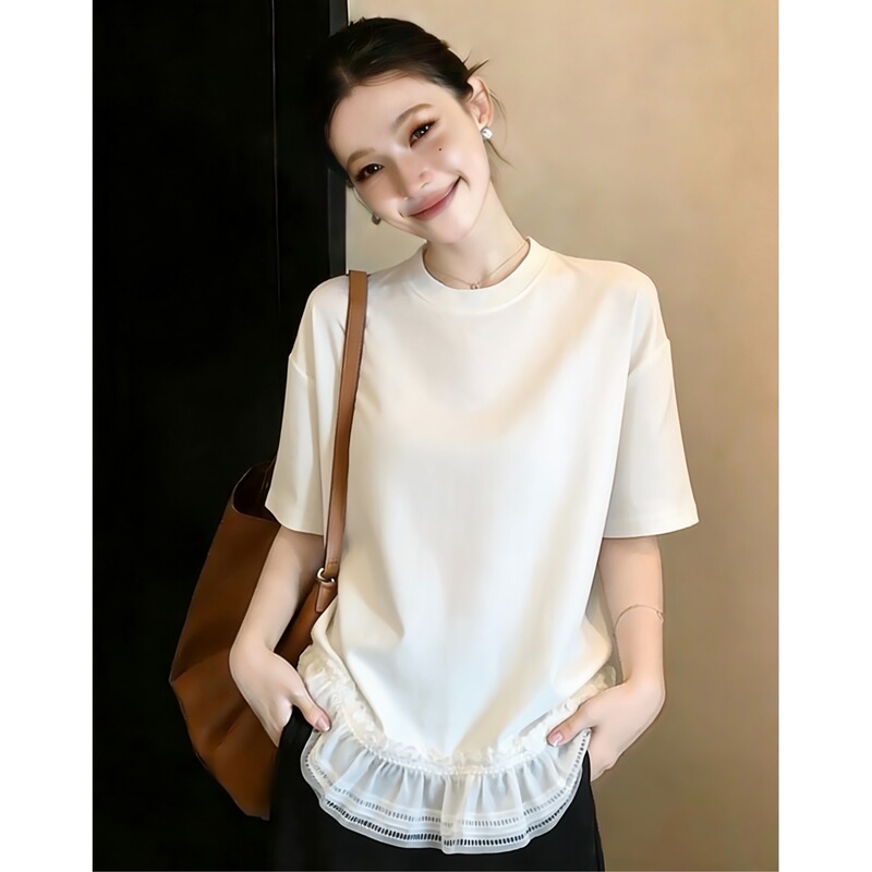 White Lace-Trimmed Short-Sleeve T-Shirt for Women, 2026 Super Popular New Summer Style, Plus Size, Very Flattering Top