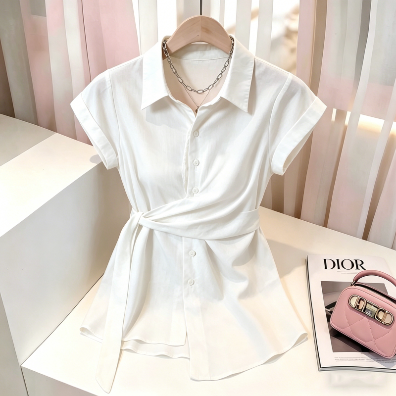 White Short-Sleeve Shirt for Women, 2026 New Summer Style, Plus Size, Slimming, Waist-Cinching, Tummy-Concealing, Irregular Top
