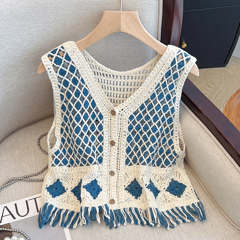 Blue V-Neck Ethnic Style Tassel Vest for Women, Summer Plus Size Design, Layered Thin Tank Top