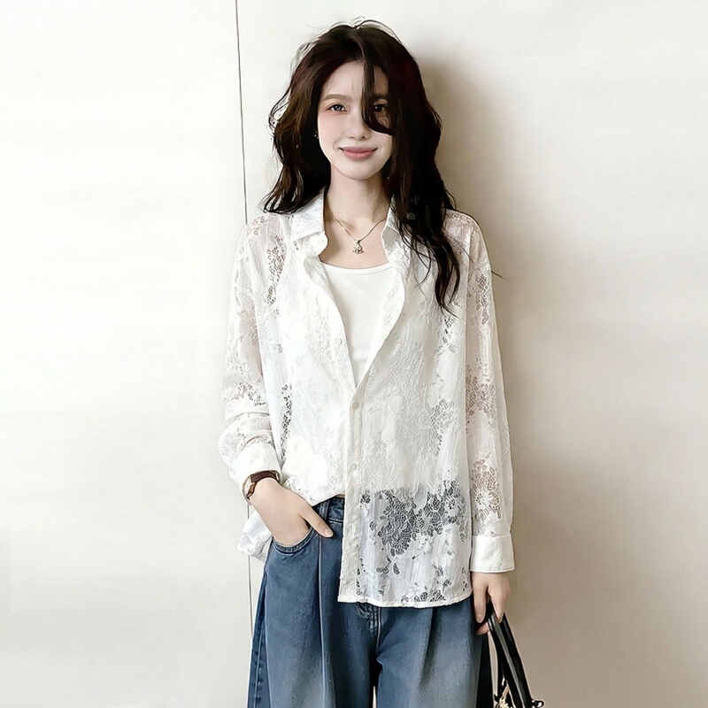 White Thin Lace Shirt for Women, 2026 New Summer Style, Plus-Size, High-End Feel, Sun-Protective Cardigan Top