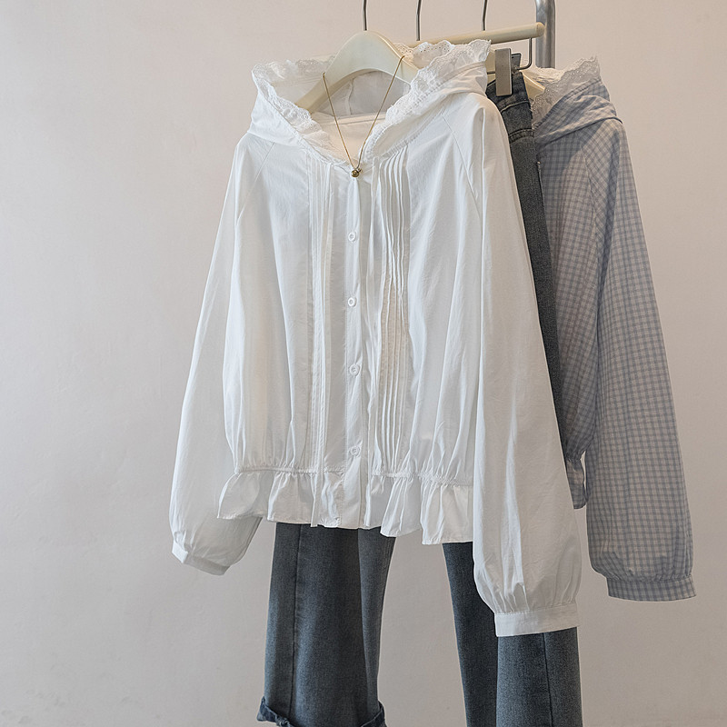 White Lace-Trimmed Hooded Shirt for Women, 2026 New Early Spring Plus-Size, Slimming Waist, High-End Feel Top