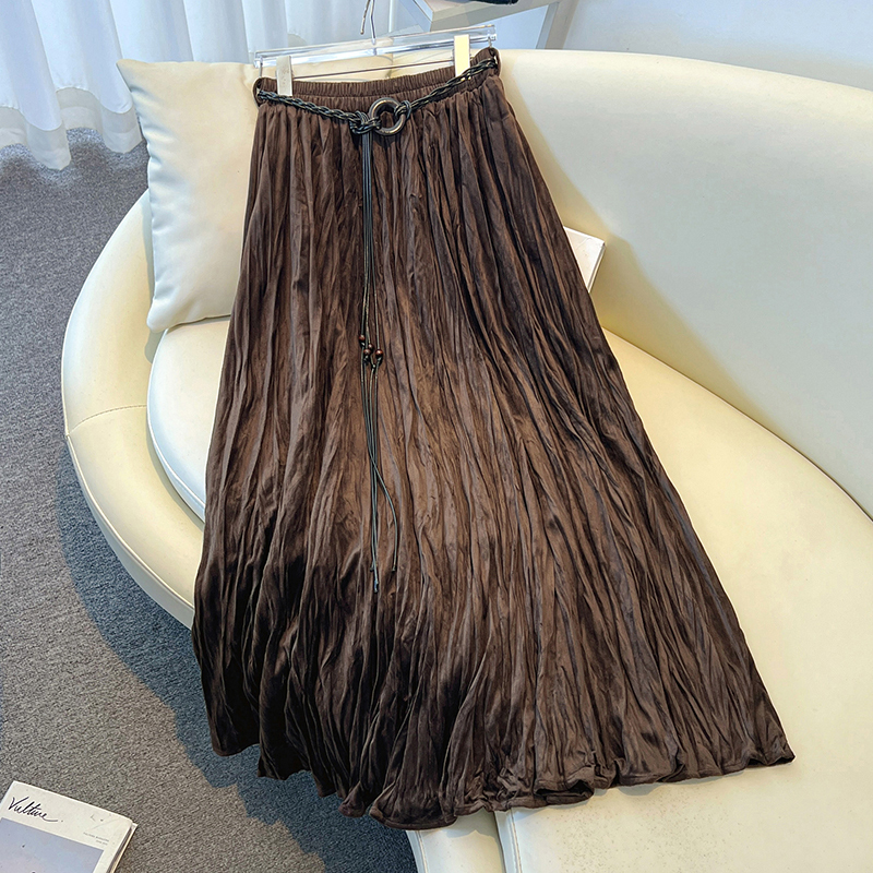 Melard Coffee-Colored Pleated Skirt for Women 2026 New Spring Plus Size Slimming A-Line Long Skirt