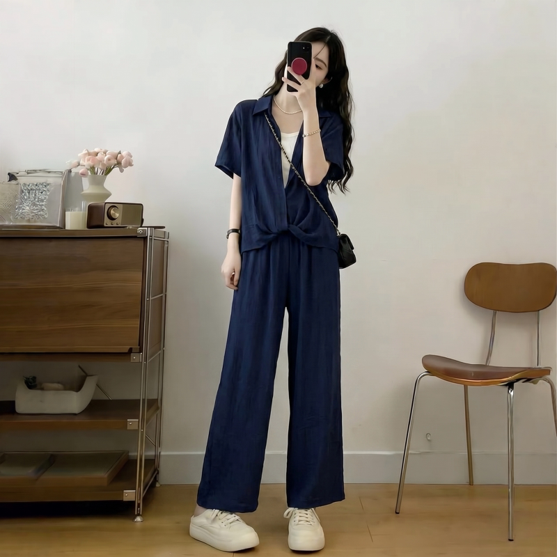 Plus-Size Women's Clothing, Slimming Navy Blue Suit Pants, 2026 Super Popular Summer Outfit, Complete Three-Piece Set