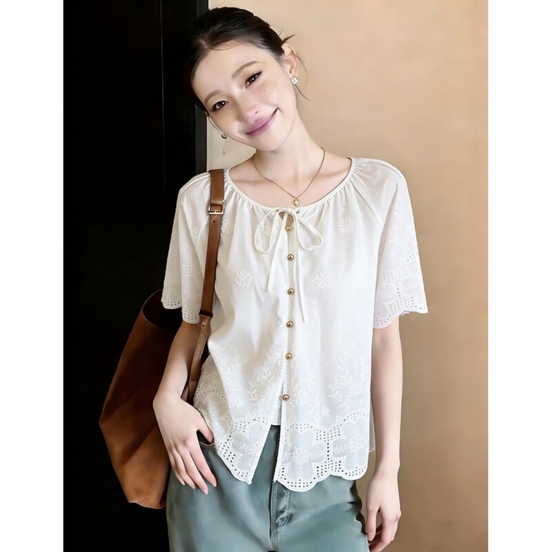 White Lace Embroidered Hollow-Out Short-Sleeve Shirt for Women, 2026 New Summer Plus-Size Doll-Style Top
