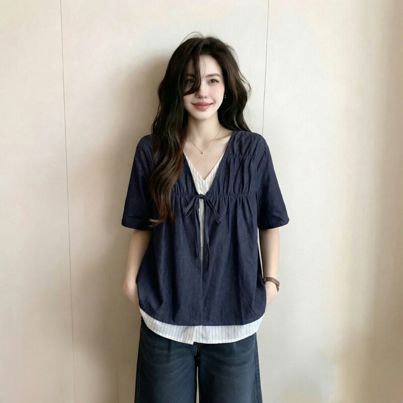V-Neck Fake Two-Piece Striped Short-Sleeve Shirt for Women 2026 New Summer Plus Size Slimming Belly-Covering Top V-Neck Fake Two-Piece Striped Short-Sleeve Shirt for Women 2026 New Summer Plus Size Slimming Belly-Covering Top