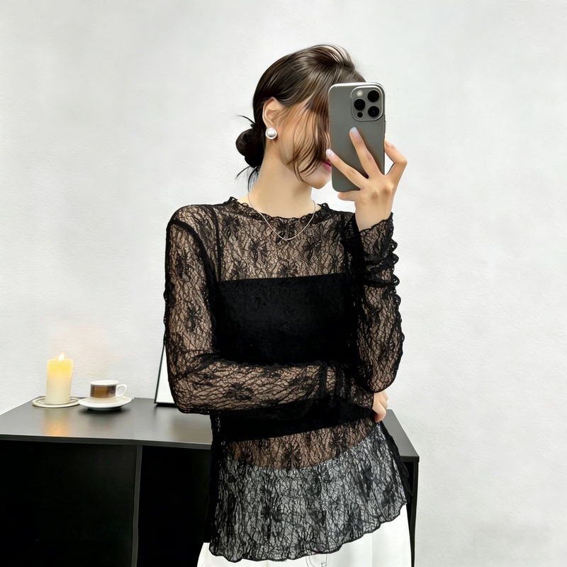Black Thin Semi-Sheer Long-Sleeve Lace Blouse for Women 2026 New Summer Plus Size Slimming Layered Cover-Up Top