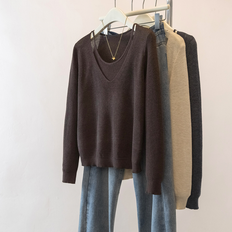 Melard Coffee-Colored Fake Two-Piece Knit Sweater for Women, Early Spring 2026 Outfit, Plus Size, Flattering Base Shirt, Very Pretty Top