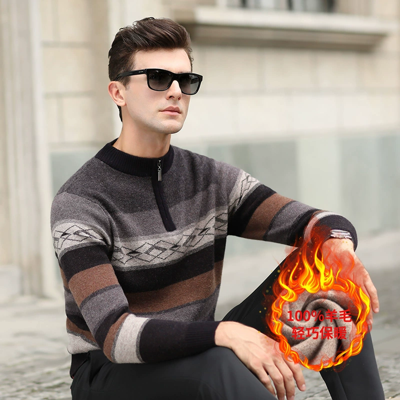 Áo len nam cao cấp nguyên chất của cha mặc áo len cashmere dày kaki sọc kinh doanh áo len nam trung niên giản dị - Áo len