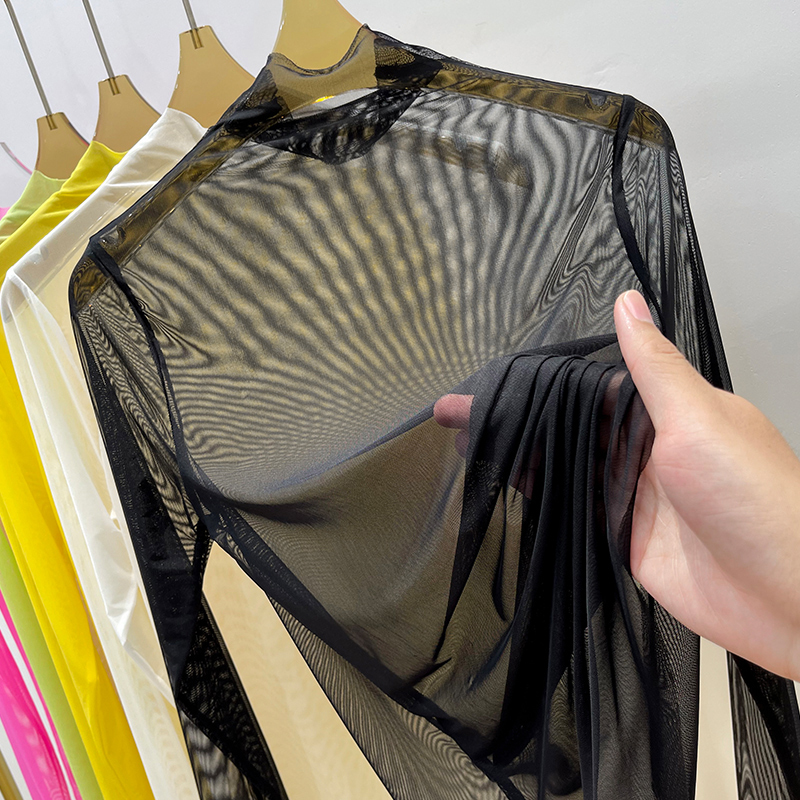 Ultra-Thin See-Through Sun Protection Base Shirt for Women, Summer Ice Silk Long-Sleeve Inner T-Shirt, Sheer Top with Half-High Collar and Mesh Fabric