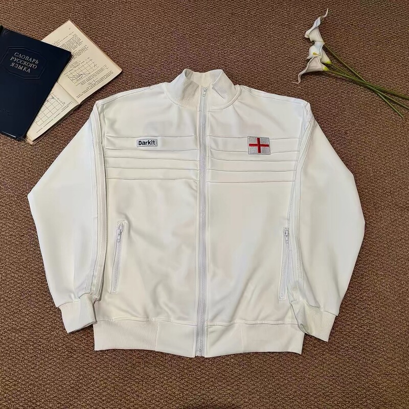 England Pleated Embroidered Logo Tape Stand Collar Training Jacket American Retro Striped Cardigan Sports Sweatshirt Coat