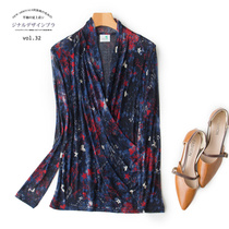 Counter with double-layer silk mesh shirt printed V-neck diagonal placket base shirt mulberry silk mother top T-shirt