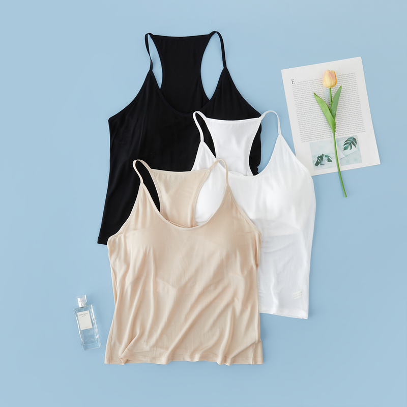 100% Mulberry Silk No-Bra Integrated Racerback Tank Top, Simple Camisole for Women in Summer