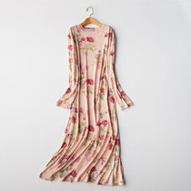 Silk pajamas womens pullover knitted floral round neck long sleeve nightgown long skirt long thin loose home wear robe