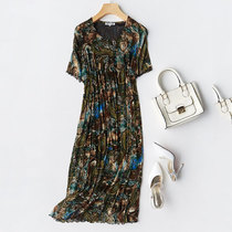 Double mesh silk dress print round neck mulberry silk size loose short sleeve big dress pleated skirt