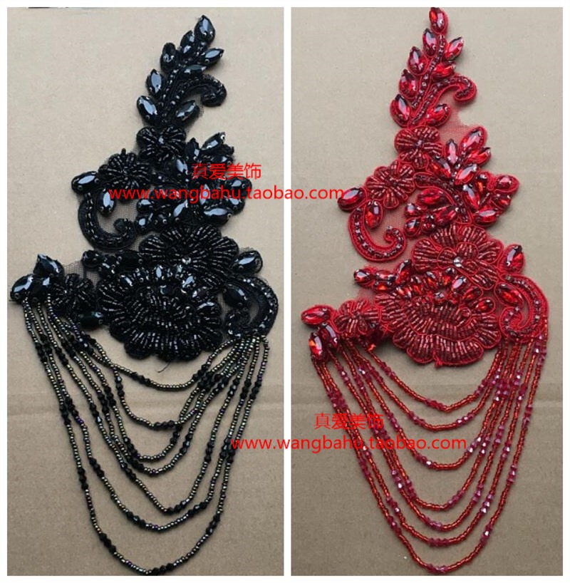 Red, black and gray beaded glass diamond flower with tassels DIY mink fur coat turban decoration hand-sewn flower accessories