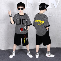 Child Clothing Boy Striped Short Sleeve Suit Summer Dress Loose Handsome Foreign Air Casual Childrens Korean Edition Large Boy Two Sets Tide