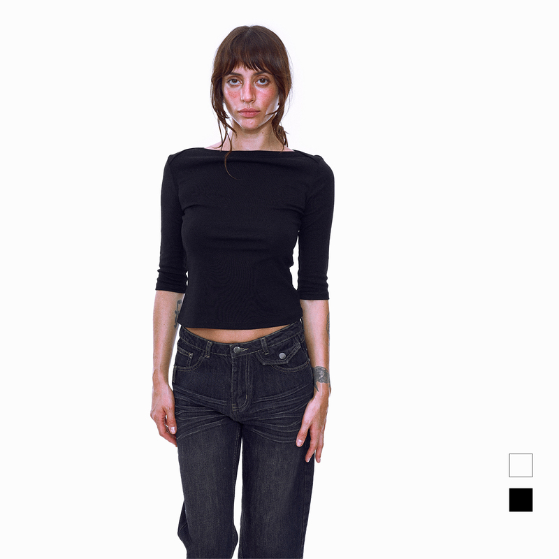 No Info' Rachel's Same Style' Retro American-Style Boat Neck 7/8 Sleeve T-Shirt Top Base Shirt 2026 Early Spring New Model