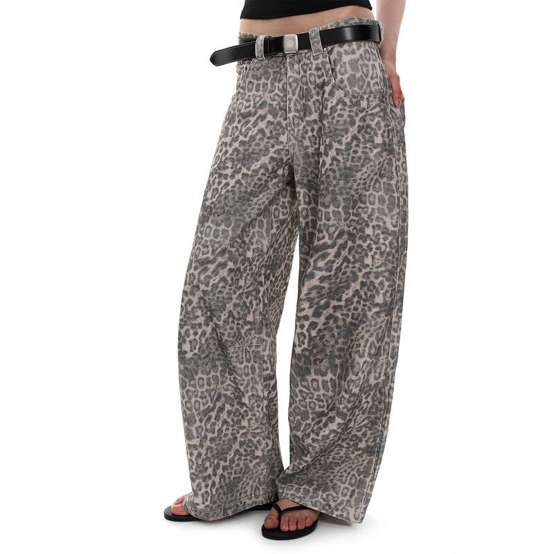 No Info 90S American Retro Hot Girl Niche Leopard Print Low-Waisted Wide-Leg Distressed Washed Denim Jeans for Women