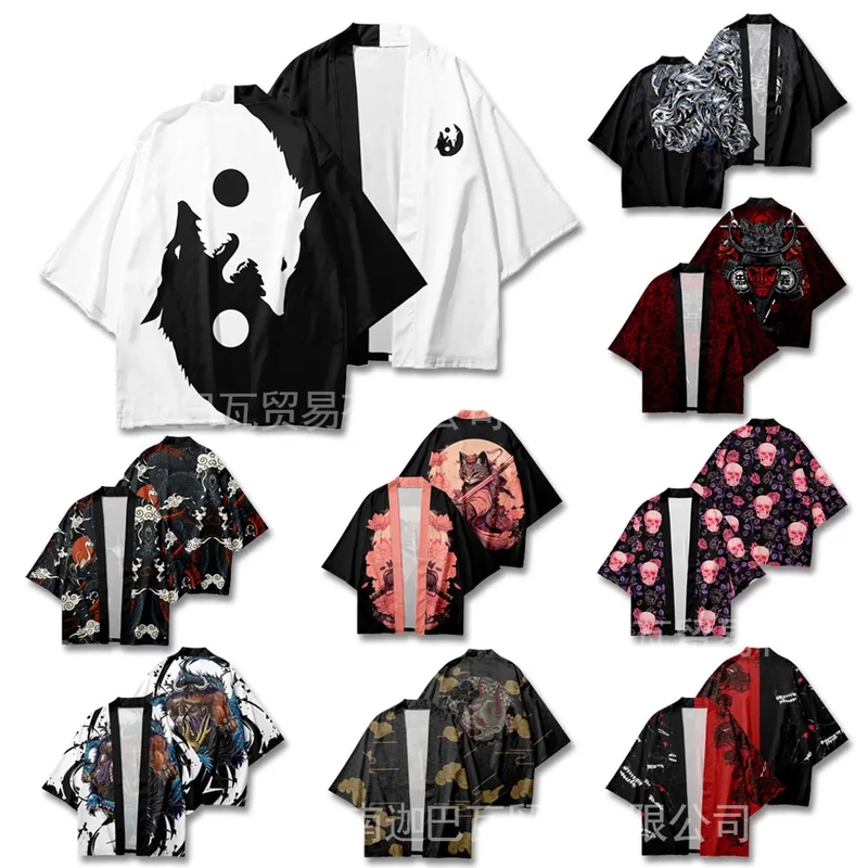 New Foreign Trade Japanese Ukiyo-E Series Elements Cape Kimono Robe Versatile Cardigan Three-Quarter Sleeve Shirt for Summer