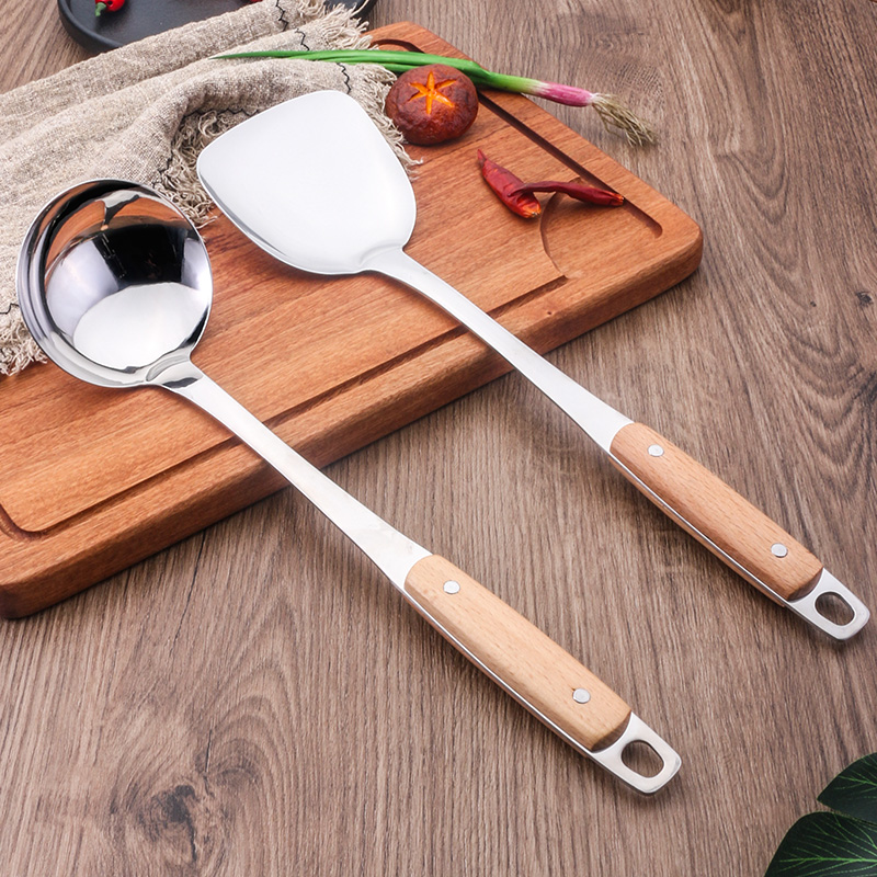 Thickened 304 stainless steel pan spade soup spoons saute shovel Kitchenware Cover Set Household Saute Spade Round Spoon Wood Handle Anti-Burn